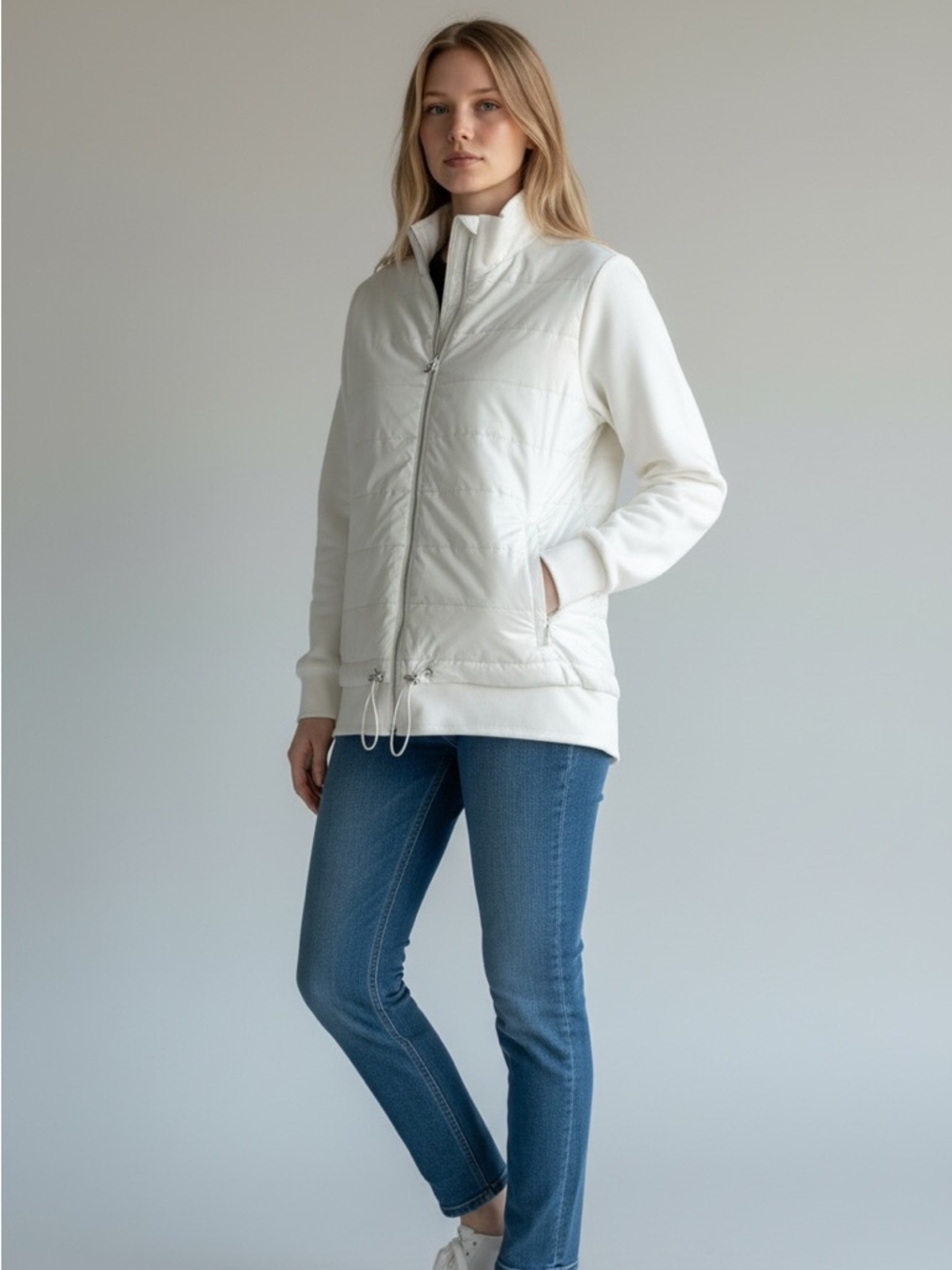 Chico's‎ Zenergy Quilted Bomber Jacket Womens 2P Large Cream Fleece Lined Zip